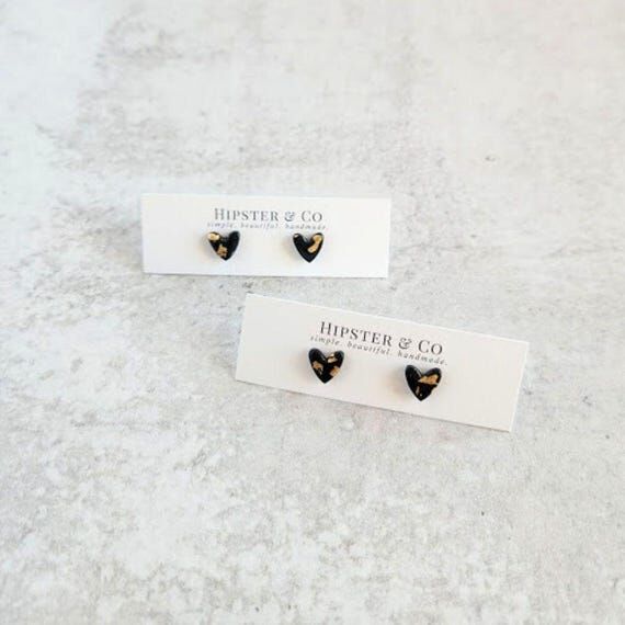 Black and Gold Heart Stud Earrings...