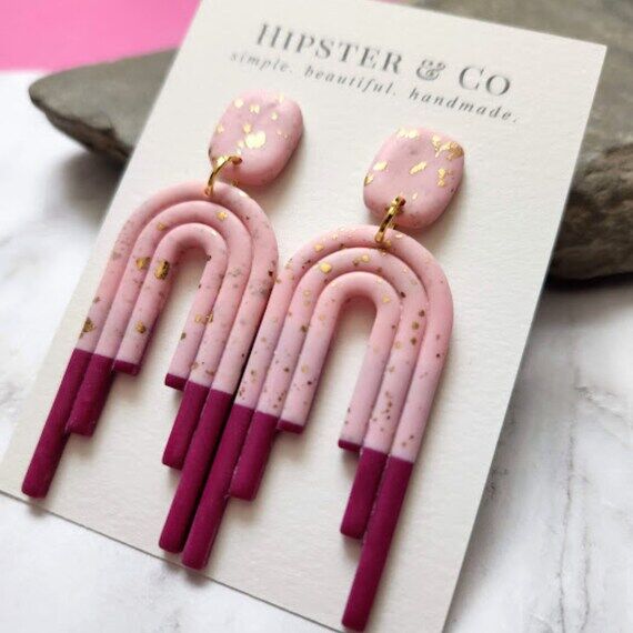 Pink, Fuchsia, and Gold Polymer Clay Dangle E...