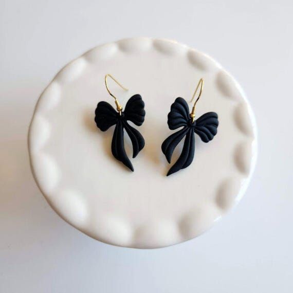 Black Bow Polymer Clay Dangle Earrings...