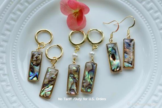 Gold Abalone Shell Earrings, Shell Earring Ho...