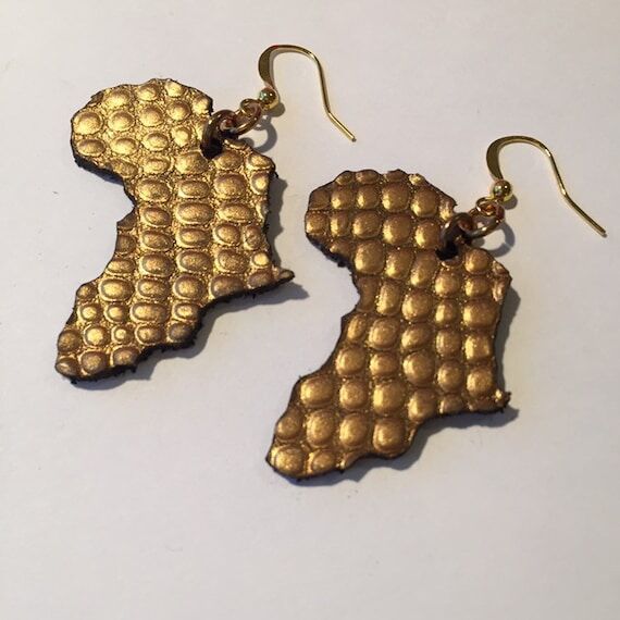 GOLD LEATHER AFRICA earrings, Africa map earr...