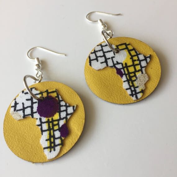 Small Yellow Africa Leather and Ankara Earrin...