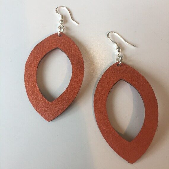 HOLLOW LEAF EARRINGS, orange and red leather,...