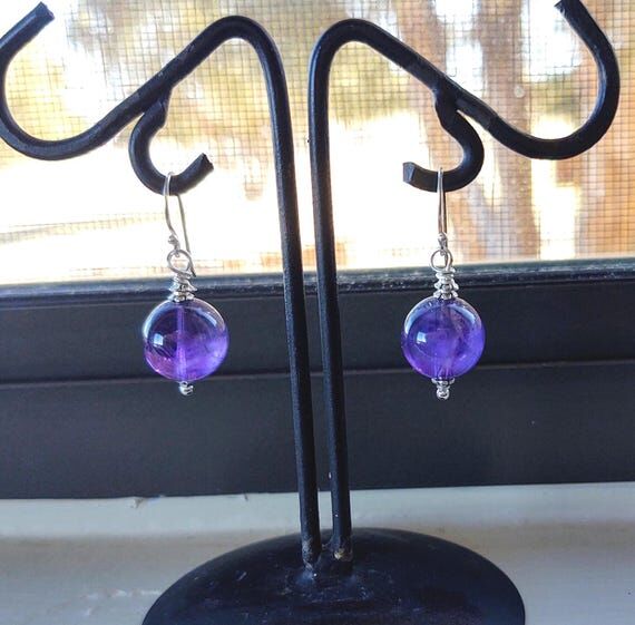 Purple Earrings, Round Quartz Crystal Amethys...
