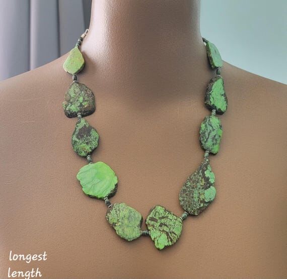 Green Turquoise Beaded Necklace, Natural Slab...