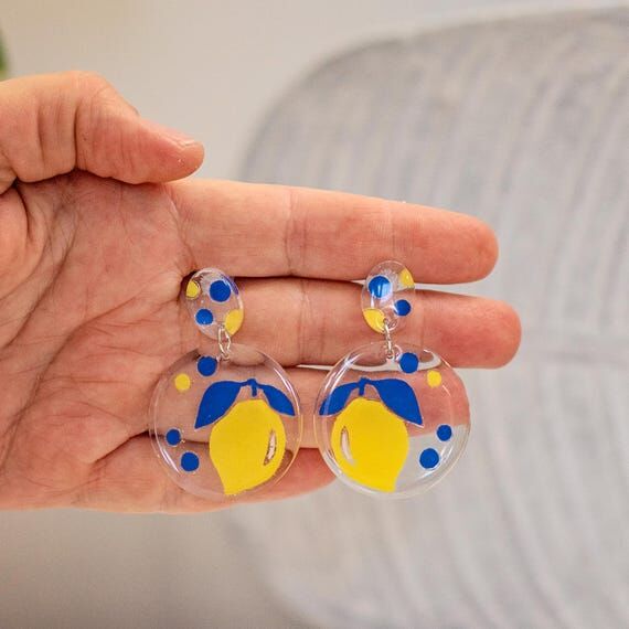 Statement Acrylic Lemon Earrings, Handmade Da...