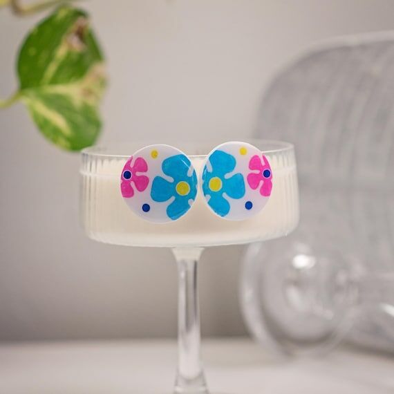 Blue and Pink Flower Acrylic Earrings, Unique...