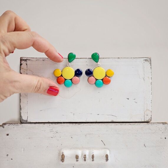 Colorful Handmade Dangle Earrings, Yellow Gre...