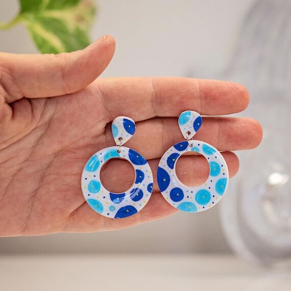 Blue and White Acrylic Dangle Clip On Earring...