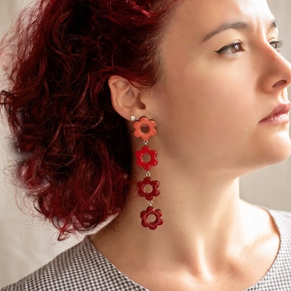 Dangle Handmade Red Fower Earrings, Unique St...