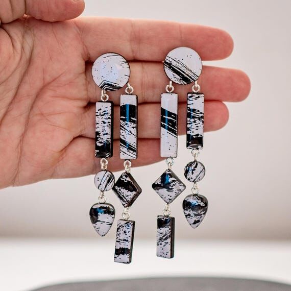 Long Black and White Geometric Earrings, Hand...
