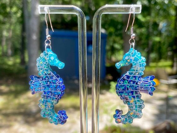 Handmade Blue Seahorse Dangle Earrings, Stain...