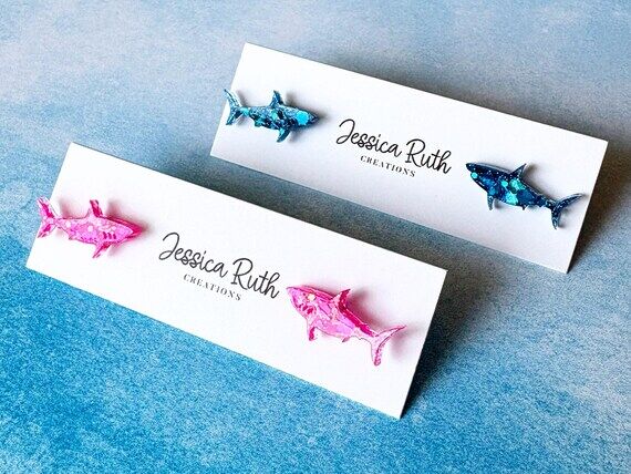 Sparkly Shark Stud Earrings, Handmade Pink or...