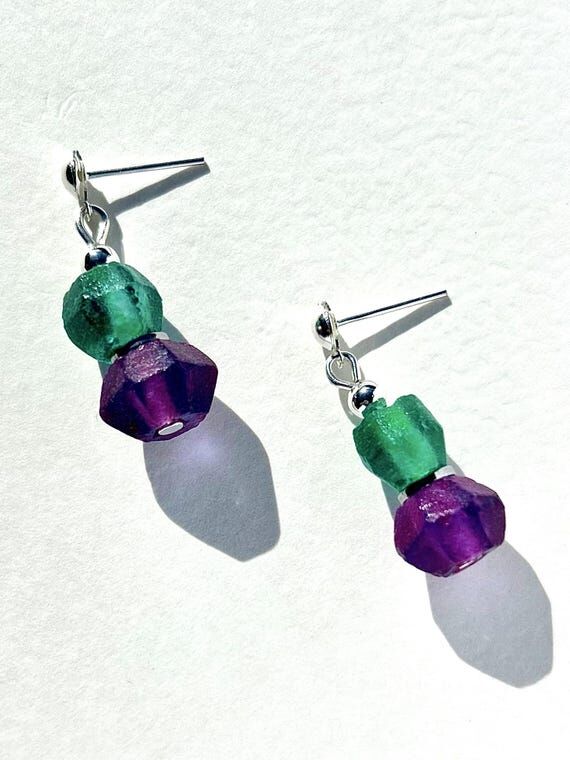 Colorful Glass Earrings · Purple Green Dangl...