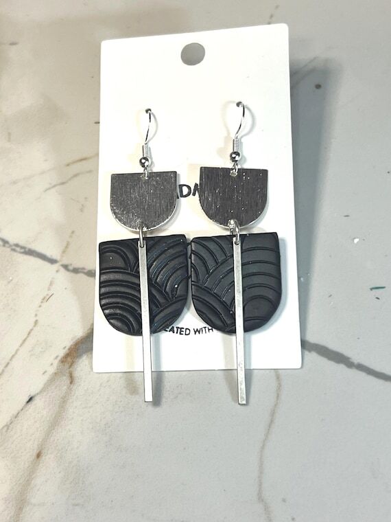 Black Clay long Dangle Earrings: Silver Accen...
