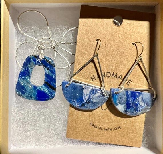 Handmade Blue Jewelry Gift Set Polymer Clay S...