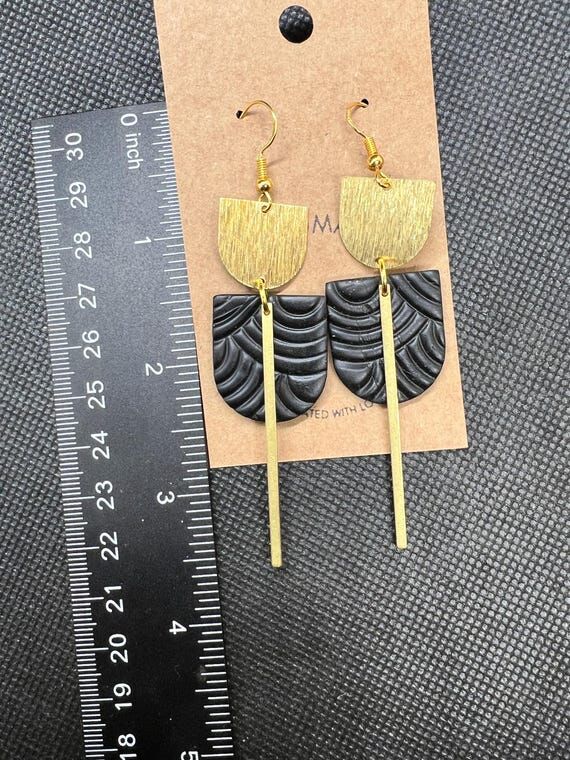 Handmade Black Clay Dangle Earrings: Gold Acc...