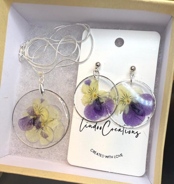Handmade Floral Jewelry Gift Set Pansy Resin ...