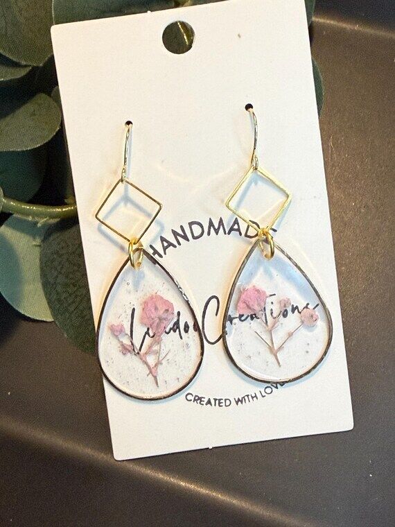 Pink Floral Resin Earrings: Gold Wire, Dried ...