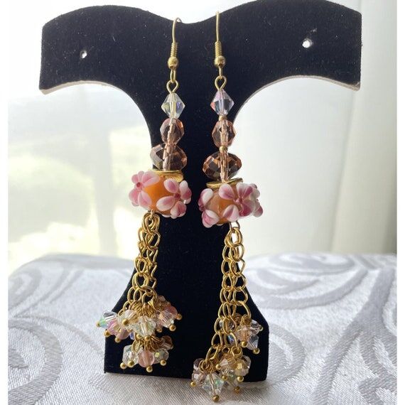 Long Cluster Earrings Pink Floral Lampwork an...