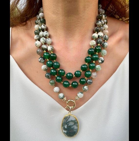 Handmade Moss Agate Multistrand Necklace, Nat...