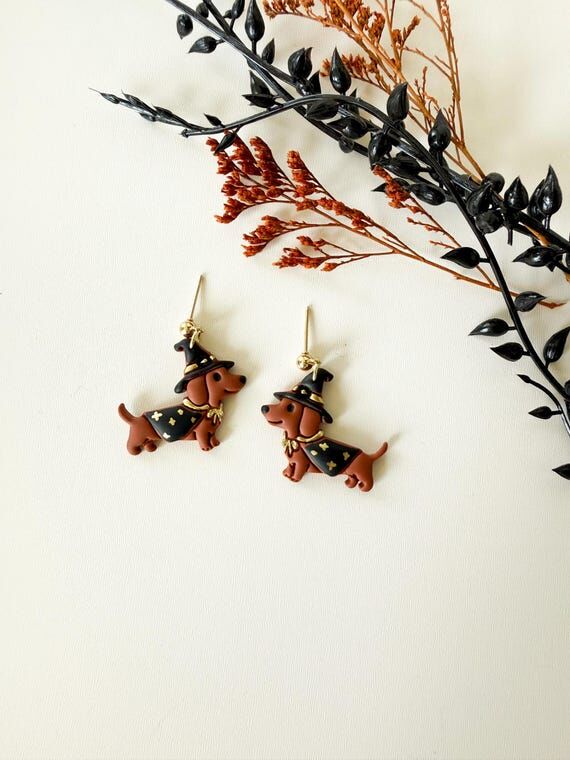 Dachshund Earrings - Halloween Witch Dog Dang...