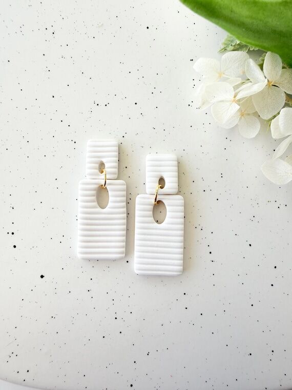 White Rectangle Dangle Earrings: Ribbed Clay ...