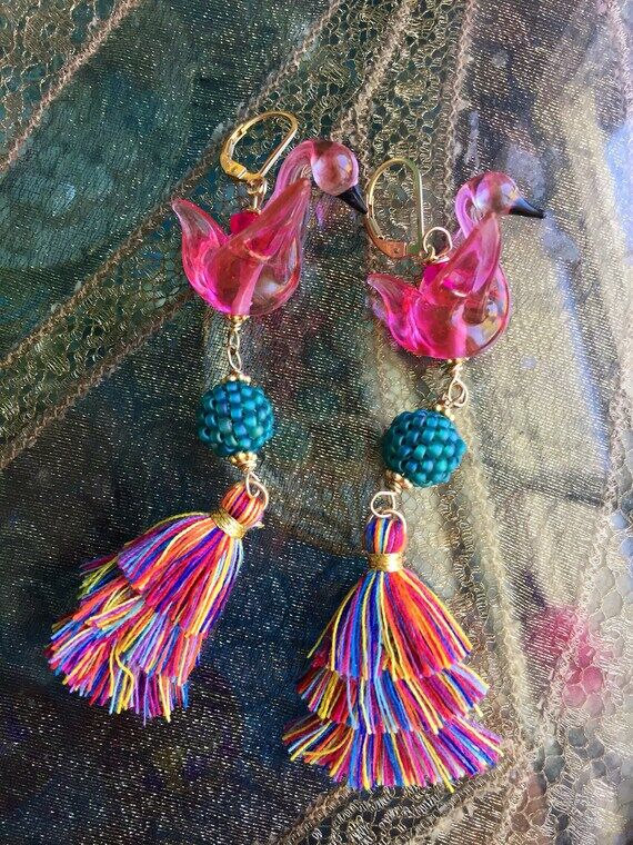 Pink Swan Earrings - Rainbow Tassels - Gold F...