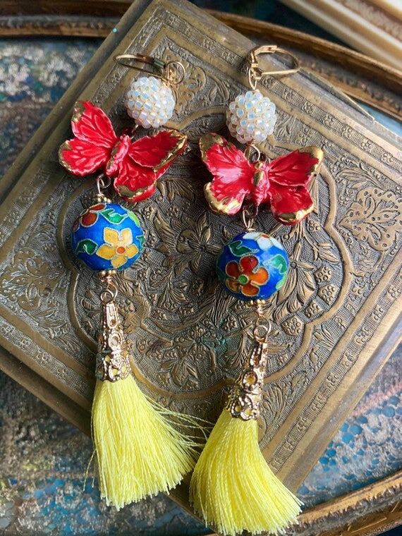 Butterfly Earrings - Yellow Tassels - Gold Fi...