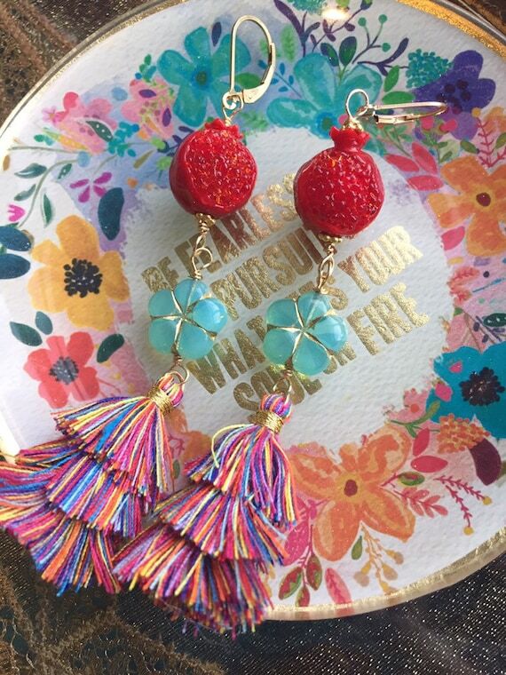 Pomegranate Earrings - Rainbow Tassels - Gold...