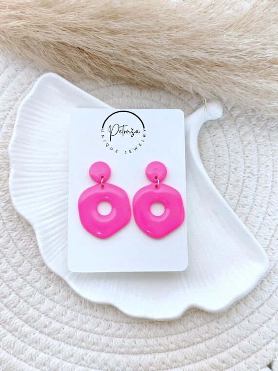 Neon pink polymer clay earrings, bold donut d...