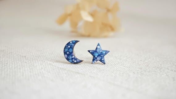 Wood Moon Star Stud Earrings, Hand Painted Mi...