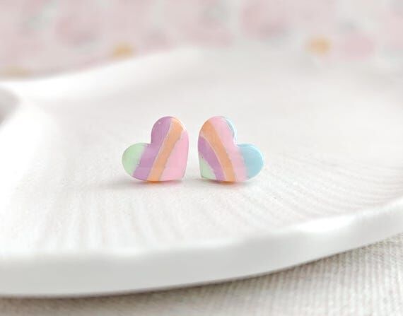 Pastel Heart Stud Earrings, Polymer Clay Earr...