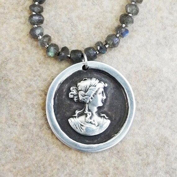 Sterling Silver Cameo Pendant with Faceted La...