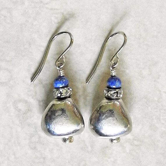 Silver Pebble Earrings with Rhinestones and L...