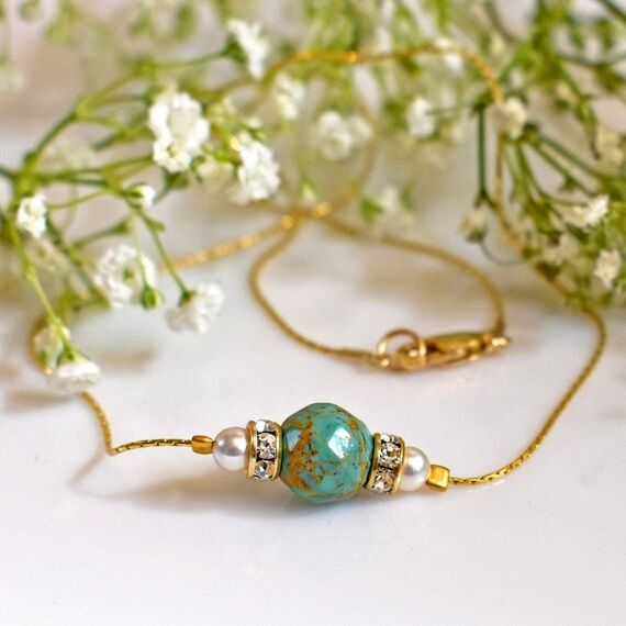 Dainty Gold Choker - Gold and Turquoise Neckl...