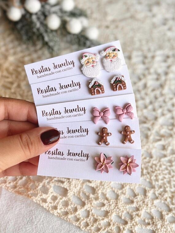 Pink Christmas Studs, Polymer Clay Earrings, ...
