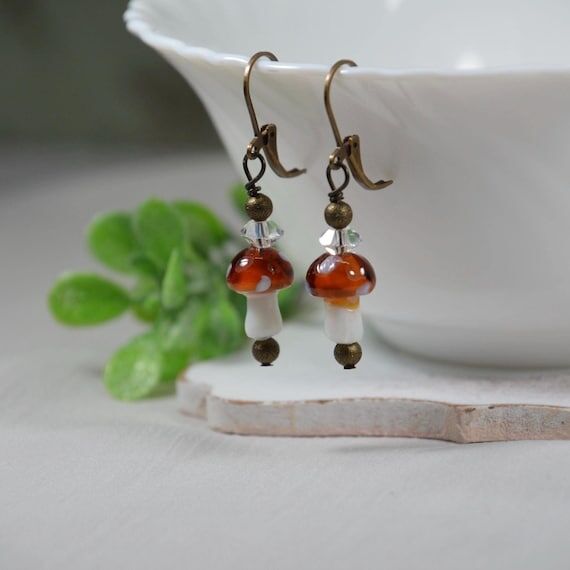 Nature Boho Jewelry, Mushroom Glass Bead Earr...