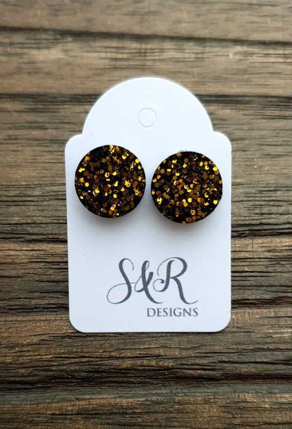 Black Gold Glitter Resin Stud Earrings: Stain...
