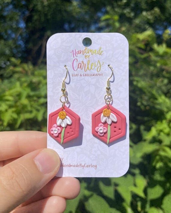 Pink Floral Polymer Clay Earrings - Daisy and...