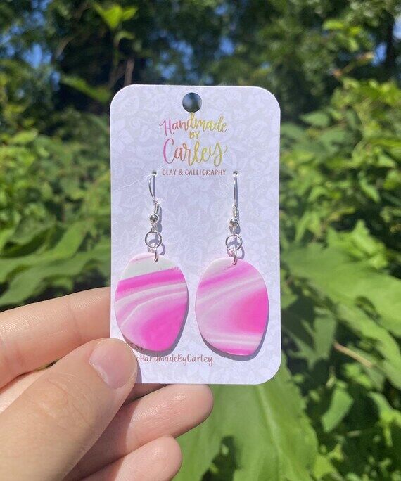 Neon Pink & White Marbled Polymer Clay Earrin...