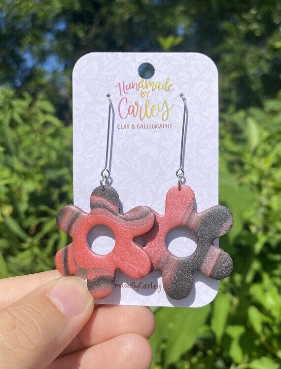 Black & Pink Marbled Floral Polymer Clay Earr...