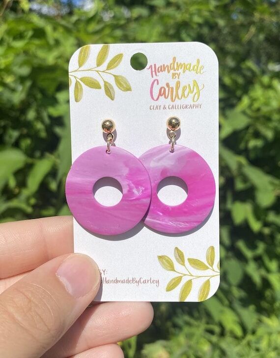 Magenta Pink Marbled Polymer Clay Earrings - ...
