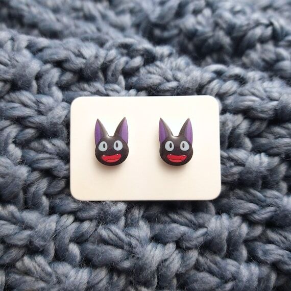 Smiling Black Cat Studs, Cute Anime Earrings,...
