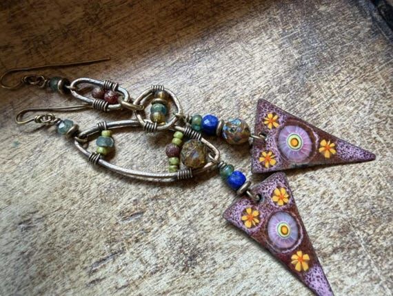 Asymmetrical artisan enamel earrings, bohemia...