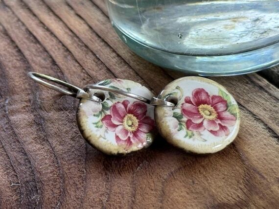 Artisan floral ceramic and sterling silver ea...