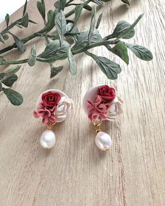 Handmade Red and Pink Floral Polymer Clay Ear...