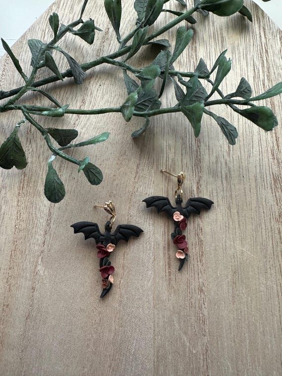 Handmade Clay Floral Dragon Earrings: 18k Gol...