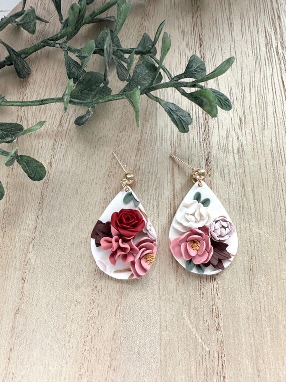Handmade Clay Floral Cluster Earrings: 18k Go...
