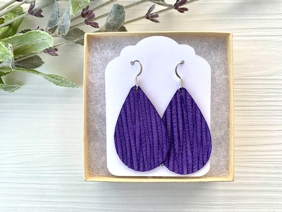 Purple Embossed Suede Leather Teardrop Earrin...